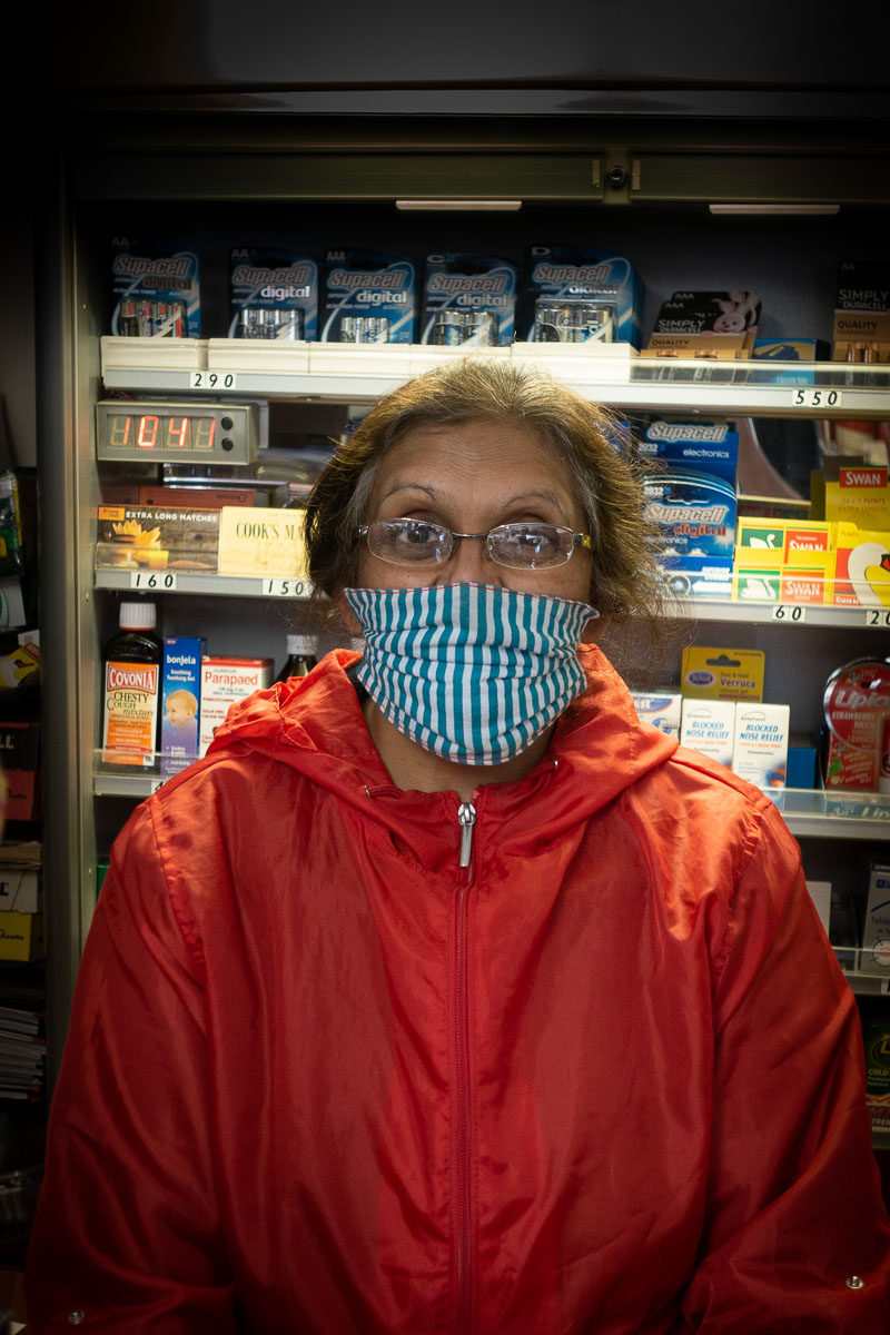 Aruna wearing face cover during Covid-19 lockdown in Great Gidding Stores
