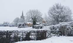 Great Gidding in the snow January 2021 - St Michael's from Luddington Road